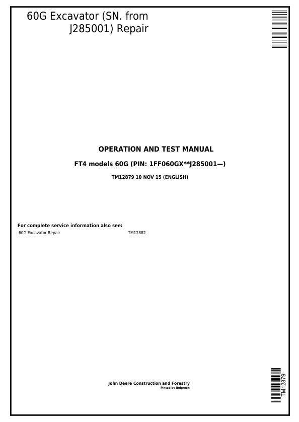 JOHN DEERE 60G EXCAVATOR REPAIR OPERATION AND TEST MANUAL TM12879