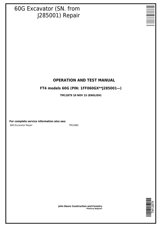 JOHN DEERE 60G EXCAVATOR REPAIR OPERATION AND TEST MANUAL TM12879