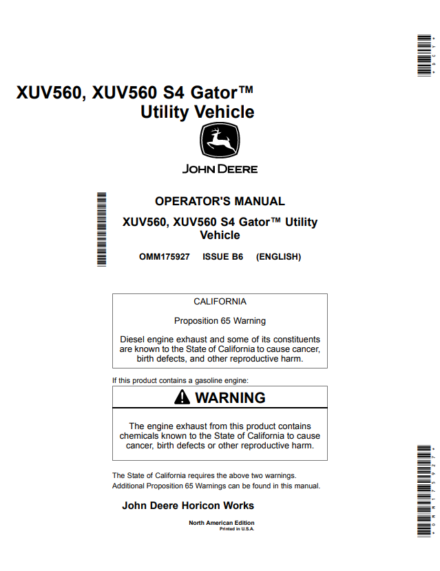 JOHN DEERE XUV560, XUV560 S4 GATOR™ UTILITY VEHICLE OPERATOR MANUAL OMM175927