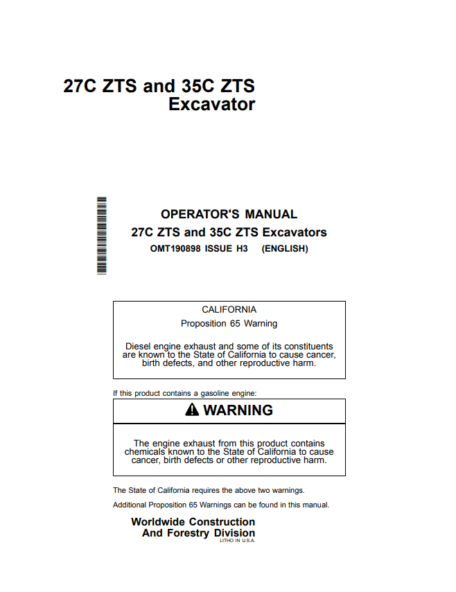 JOHN DEERE 27C ZTS AND 35C ZTS EXCAVATOR OPERATOR MANUAL OMT190898
