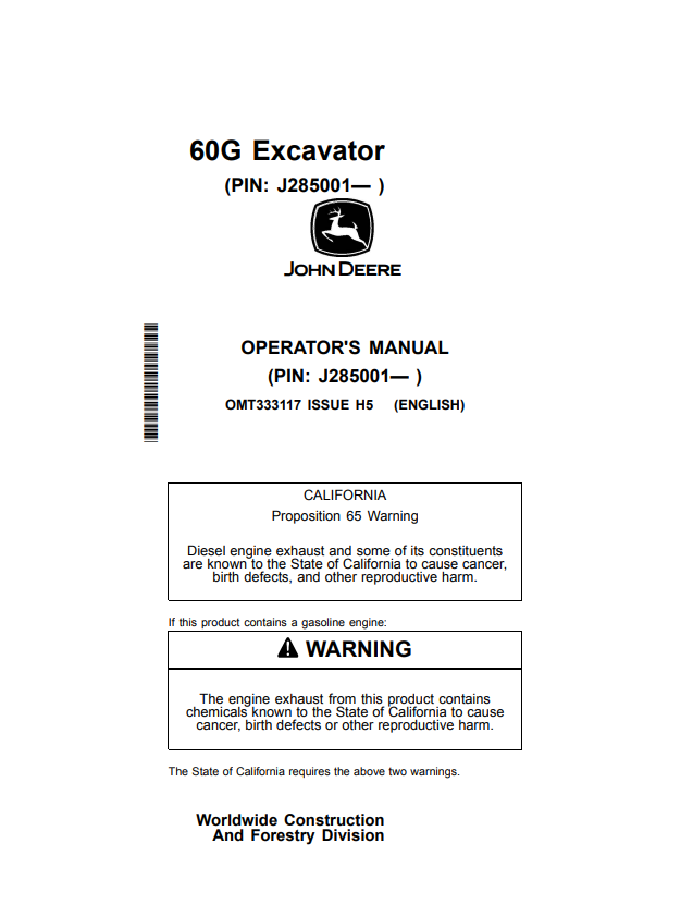 JOHN DEERE 60G EXCAVATOR OPERATOR MANUAL OMT333117