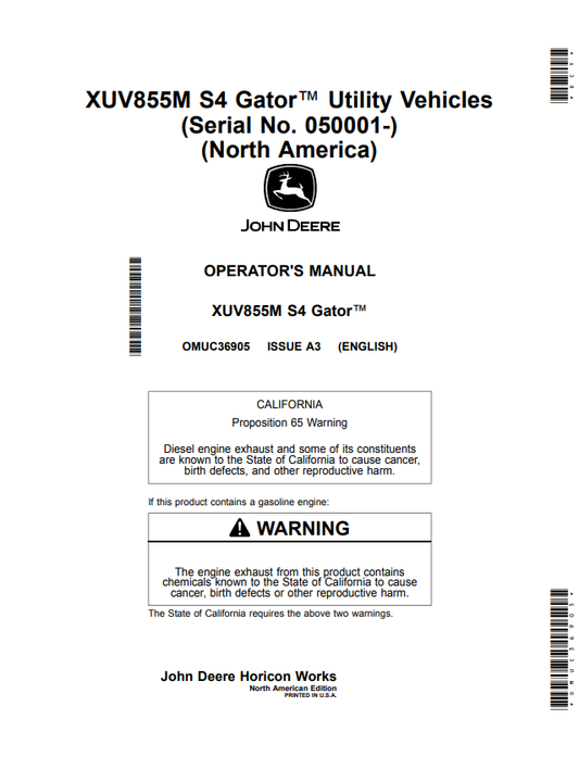 JOHN DEERE XUV855M S4 GATOR™ UTILITY VEHICLES OPERATOR MANUAL OMUC36905