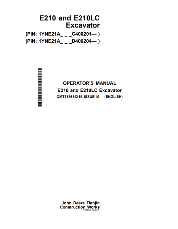 JOHN DEERE E210 AND E210LC EXCAVATOR OPERATOR MANUAL OMT358611X19