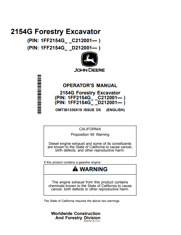 JOHN DEERE 2154G FORESTRY EXCAVATOR OPERATOR MANUAL OMT361330X19