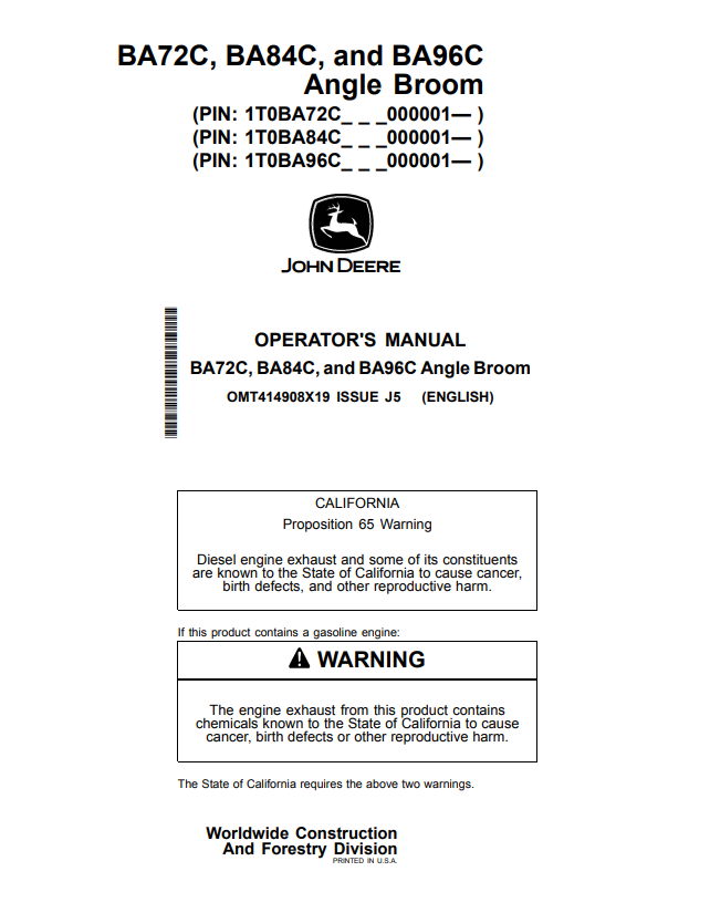 JOHN DEERE BA72C, BA84C AND BA96C ANGLE BROOM OPERATOR MANUAL OMT414908X19