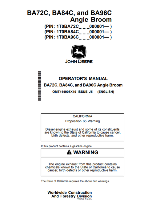 JOHN DEERE BA72C, BA84C AND BA96C ANGLE BROOM OPERATOR MANUAL OMT414908X19
