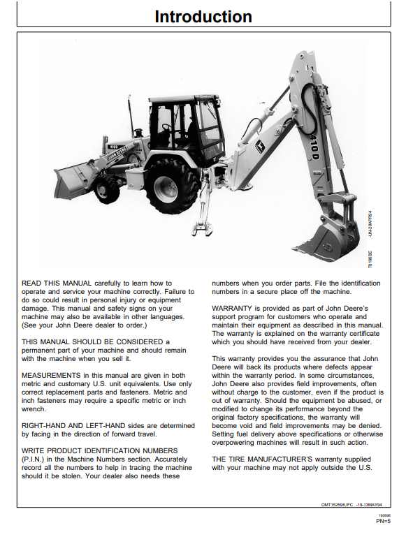 JOHN DEERE 410D AND 510D BACKHOE LOADER OPERATOR MANUAL OMT152596