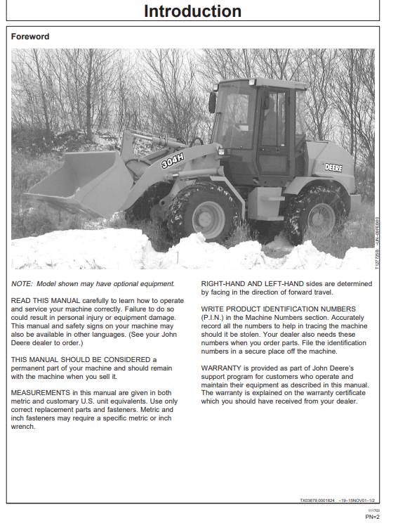 JOHN DEERE 304H LOADER OPERATOR MANUAL OMT184550
