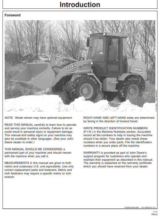 JOHN DEERE 304H LOADER OPERATOR MANUAL OMT184550