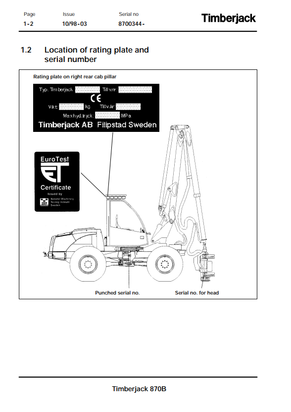 JOHN DEERE 870B TIMBERJACK OPERATOR AND MAINTENANCE MANUAL F056404