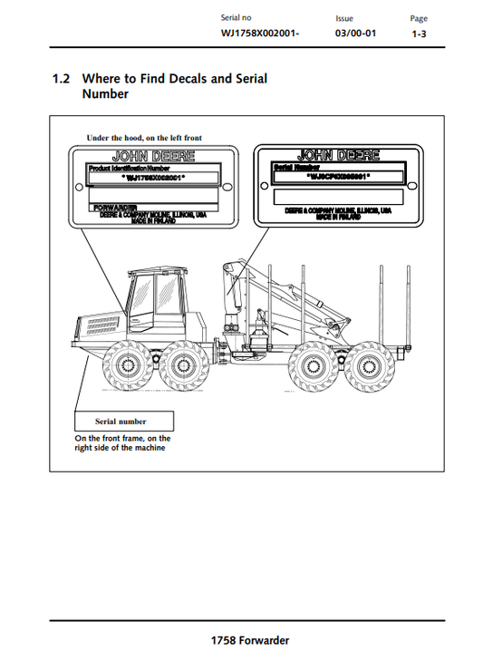 JOHN DEERE 1758 FORWARDER OPERATOR MANUAL OMF062130