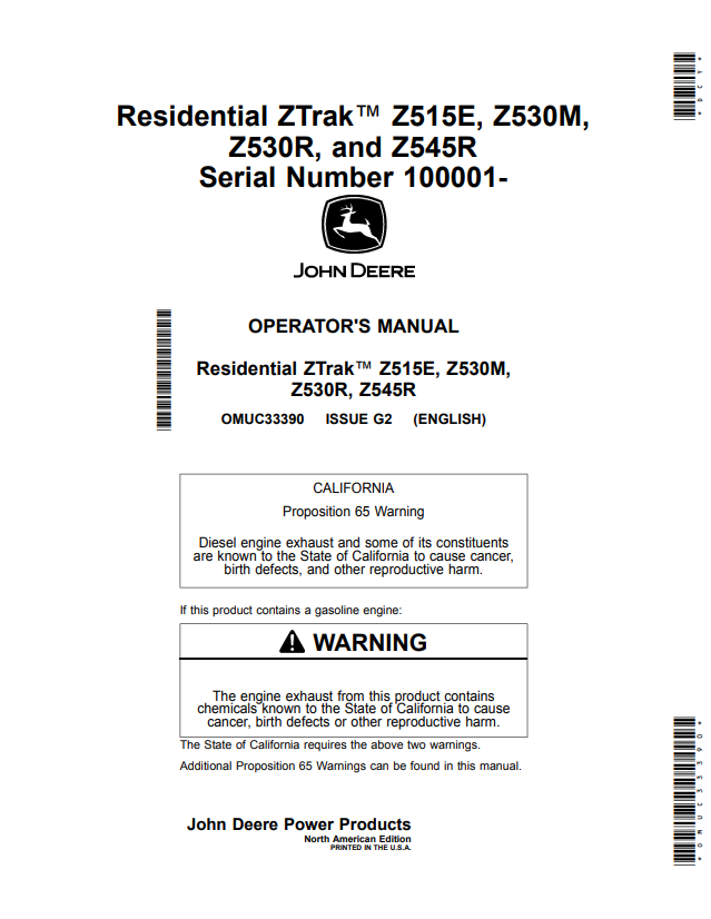JOHN DEERE RESIDENTIAL ZTRAK™ Z515E, Z530M, Z530R, Z545R OPERATOR MANUAL OMUC33390