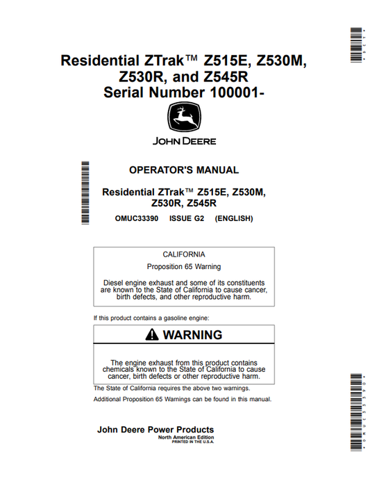 JOHN DEERE RESIDENTIAL ZTRAK™ Z515E, Z530M, Z530R, Z545R OPERATOR MANUAL OMUC33390
