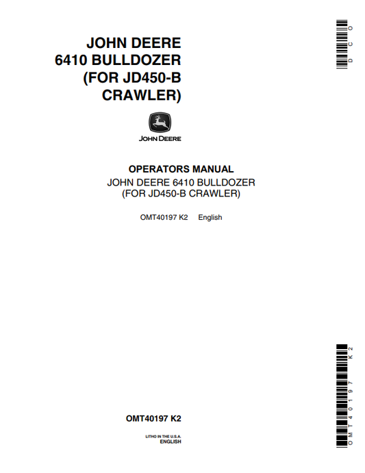 JOHN DEERE 6410 BULLDOZER FOR JD450-B CRAWLER OPERATOR MANUAL OMT40197