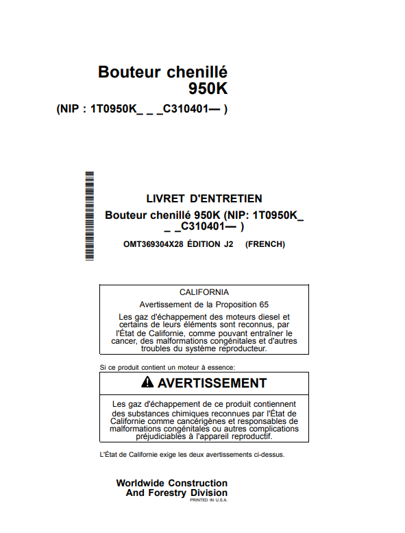 JOHN DEERE 950K BOUTEUR CHENILLÉ OPERATOR MANUAL OMT369304X28