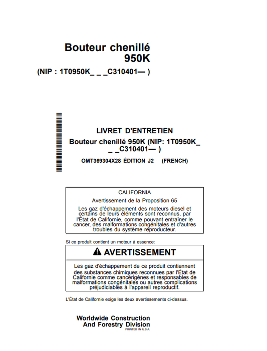 JOHN DEERE 950K BOUTEUR CHENILLÉ OPERATOR MANUAL OMT369304X28