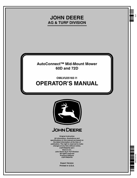 JOHN DEERE 60D, 72D MID MOUNT MOWER OPERATOR MANUAL OMLVU25183