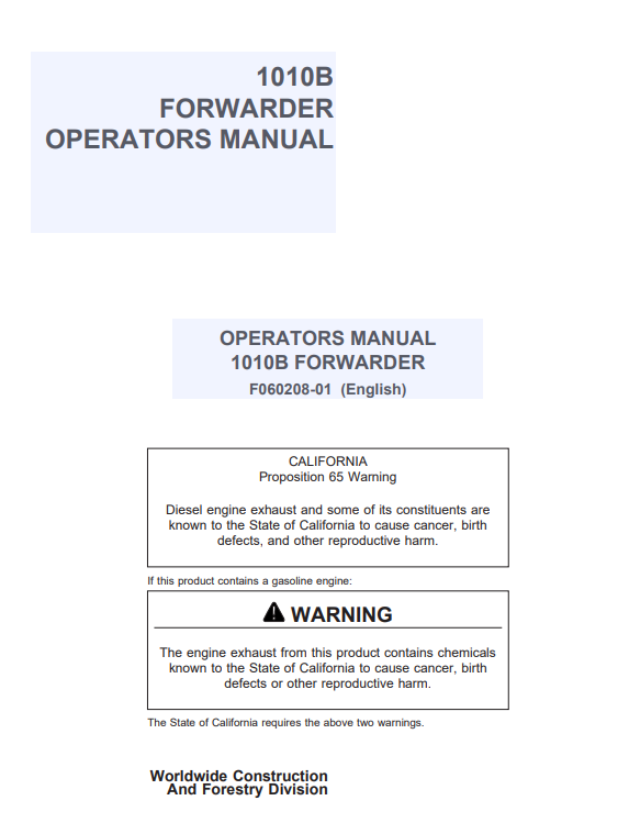 JOHN DEERE 1010B FORWARDER OPERATOR MANUAL F060208