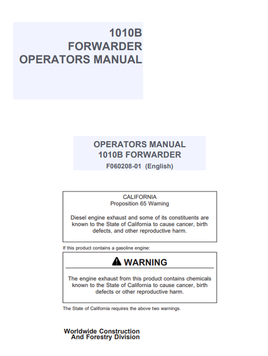 JOHN DEERE 1010B FORWARDER OPERATOR MANUAL F060208