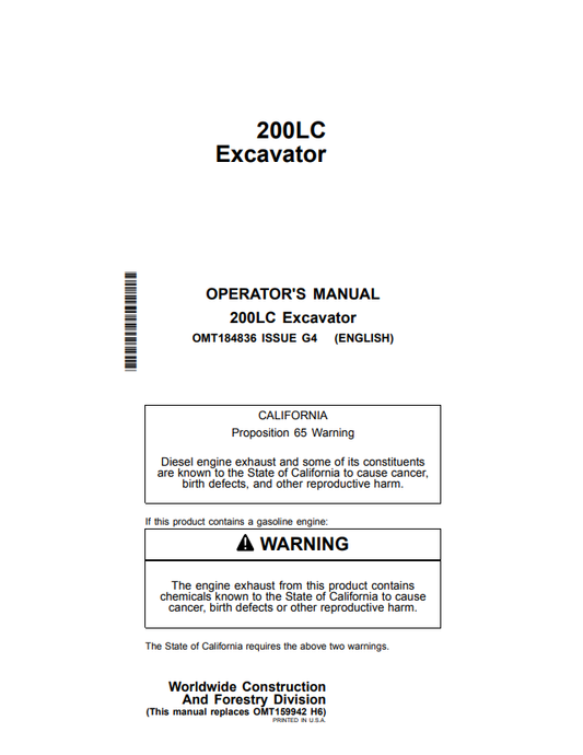 JOHN DEERE 200LC EXCAVATOR OPERATOR MANUAL OMT184836