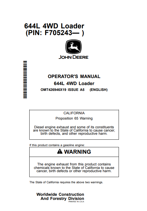 JOHN DEERE 644L 4WD LOADER OPERATOR MANUAL OMT426946X19