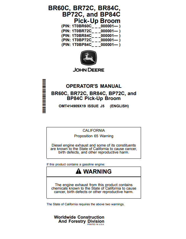 JOHN DEERE BR60C, BR72C, BR84C, BP72C AND BP84C PICK-UP BROOM OPERATOR MANUAL OMT414909X19
