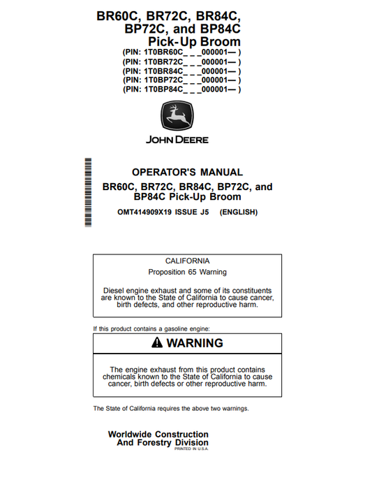 JOHN DEERE BR60C, BR72C, BR84C, BP72C AND BP84C PICK-UP BROOM OPERATOR MANUAL OMT414909X19