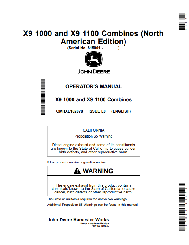 JOHN DEERE X9 1000 AND X9 1100 COMBINE OPERATOR MANUAL OMHXE162878