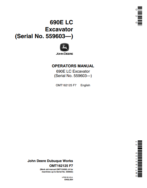 JOHN DEERE 690E LC EXCAVATOR OPERATOR MANUAL OMT162125