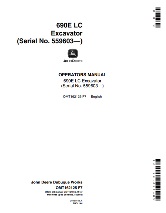 JOHN DEERE 690E LC EXCAVATOR OPERATOR MANUAL OMT162125