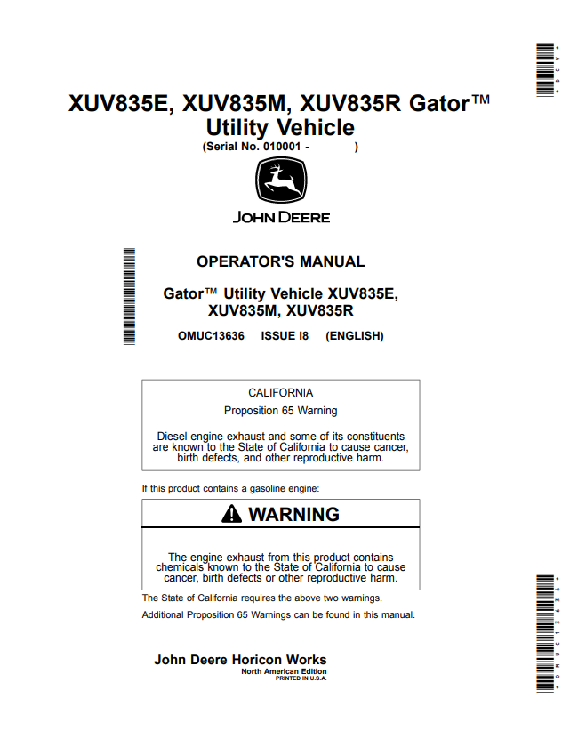 JOHN DEERE XUV835E, XUV835M, XUV835R GATOR™ UTILITY VEHICLE OPERATOR MANUAL OMUC13636