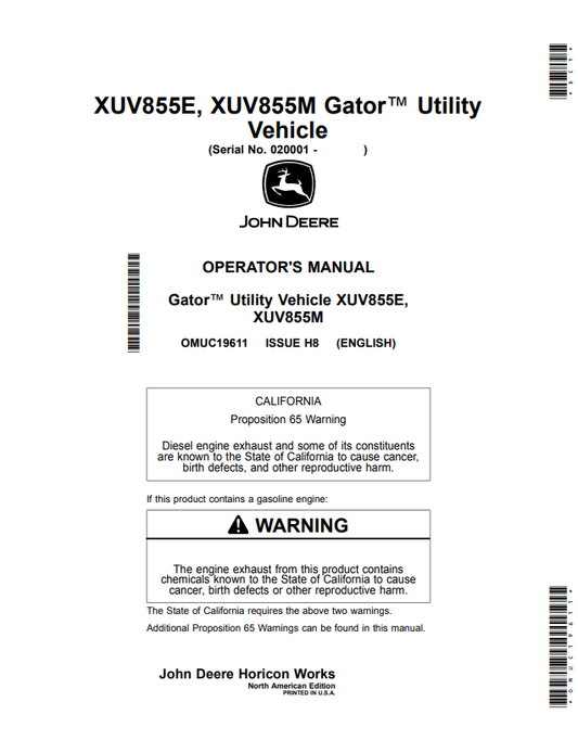 JOHN DEERE XUV855E, XUV855M GATOR™ UTILITY VEHICLE OPERATOR MANUAL OMUC19611