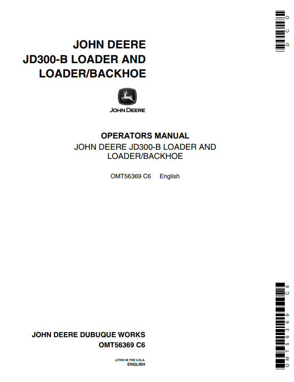 JOHN DEERE JD300-B BACKHOE LOADER OPERATOR MANUAL OMT56369