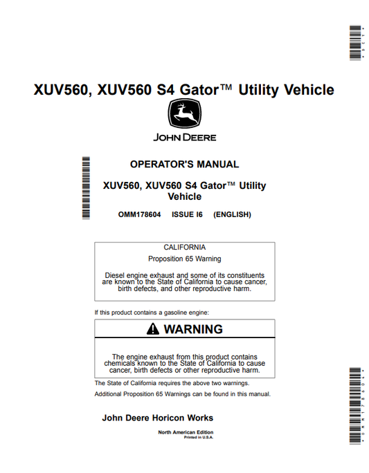 JOHN DEERE XUV560, XUV560 S4 GATOR™ UTILITY VEHICLE OPERATOR MANUAL OMM178604