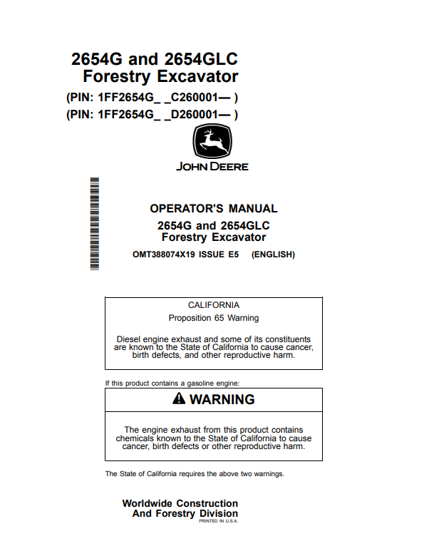JOHN DEERE 2654G AND 2654GLC FORESTRY EXCAVATOR OPERATOR MANUAL OMT388074X19
