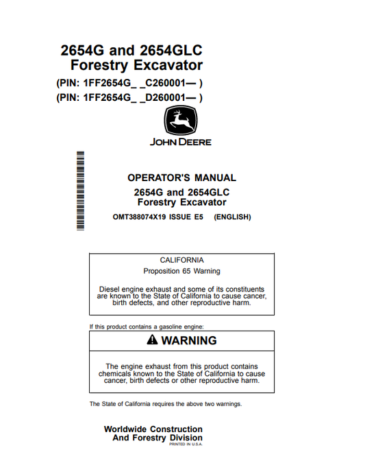 JOHN DEERE 2654G AND 2654GLC FORESTRY EXCAVATOR OPERATOR MANUAL OMT388074X19