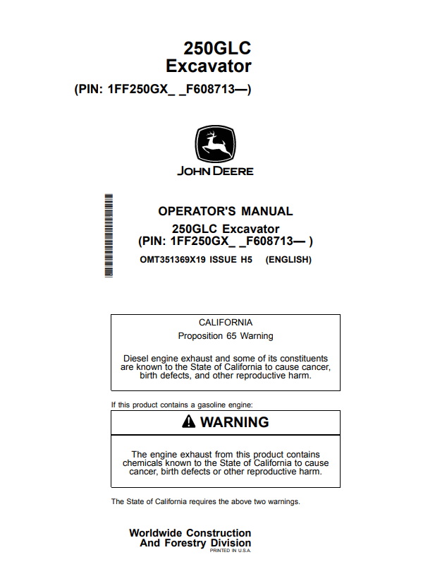 JOHN DEERE 250GLC EXCAVATOR OPERATOR MANUAL OMT351369X19