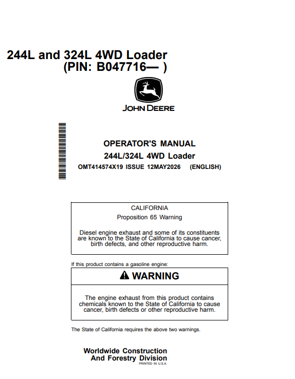 JOHN DEERE 244L/324L 4WD LOADER OPERATOR MANUAL OMT414574X19