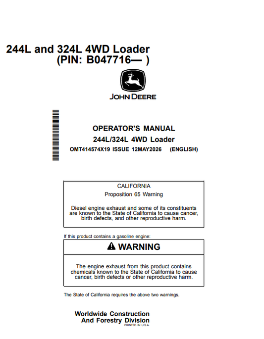 JOHN DEERE 244L/324L 4WD LOADER OPERATOR MANUAL OMT414574X19
