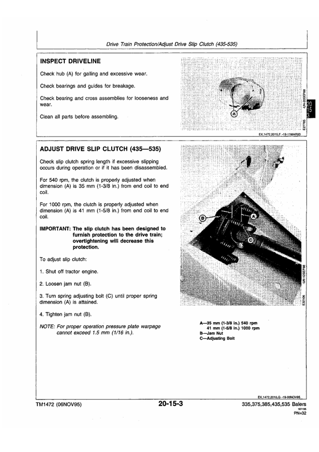 JOHN DEERE 335, 375, 385, 435 AND 535 ROUND BALER TECHNICAL MANUAL TM1472