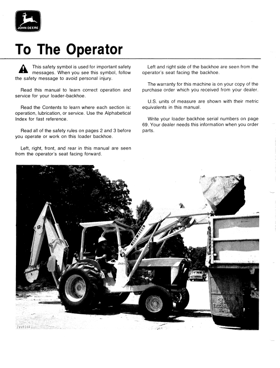 JOHN DEERE 401C BACKHOE LOADER OPERATOR MANUAL OMT72114
