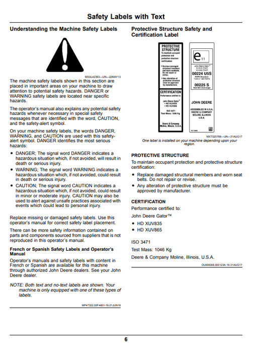 JOHN DEERE XUV835E, XUV835M, XUV835R GATOR™ UTILITY VEHICLE OPERATOR MANUAL OMUC13636