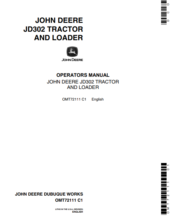 JOHN DEERE JD302 TRACTOR AND LOADER OPERATOR MANUAL OMT72111