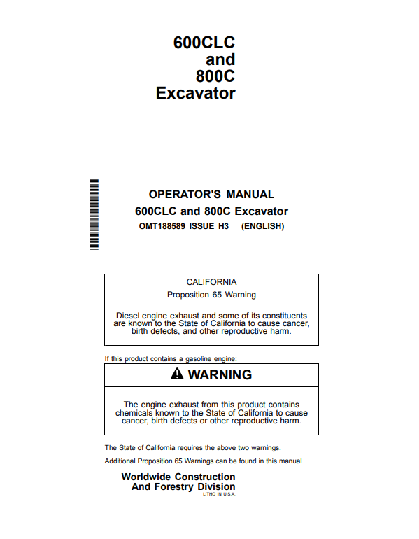 JOHN DEERE 600CLC AND 800C EXCAVATOR OPERATOR MANUAL OMT188589