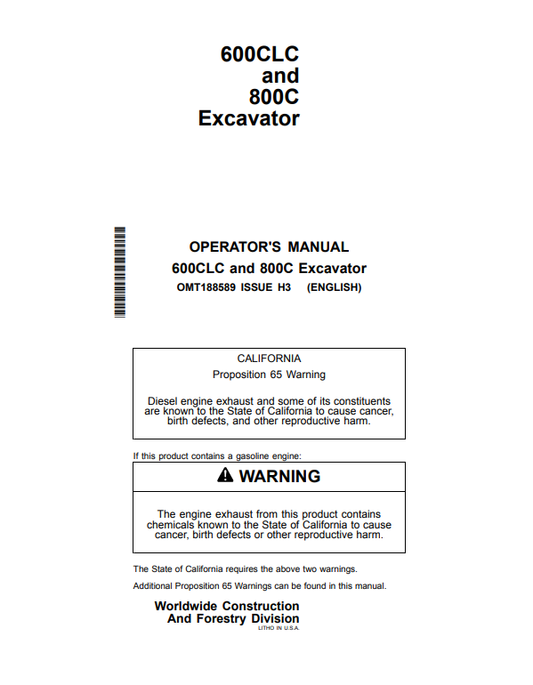 JOHN DEERE 600CLC AND 800C EXCAVATOR OPERATOR MANUAL OMT188589