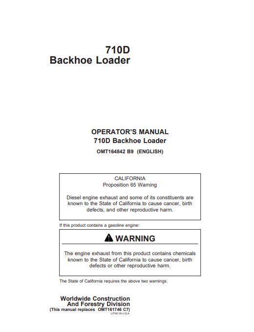 JOHN DEERE 710D BACKHOE LOADER OPERATOR MANUAL OMT164842