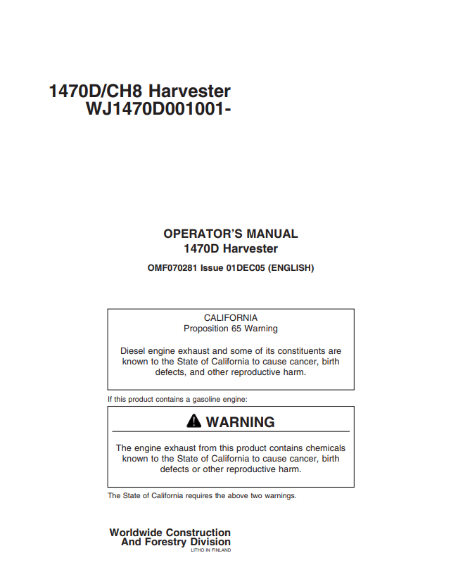 JOHN DEERE 1470D HARVESTER OPERATOR MANUAL OMF070281