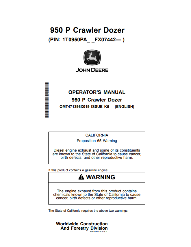 JOHN DEERE 950 P CRAWLER DOZER OPERATOR MANUAL OMT471396X019