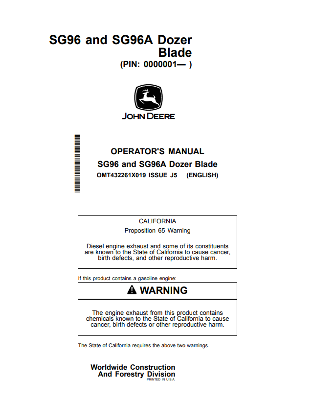 JOHN DEERE SG96 AND SG96A DOZER BLADE OPERATOR MANUAL OMT432261X019