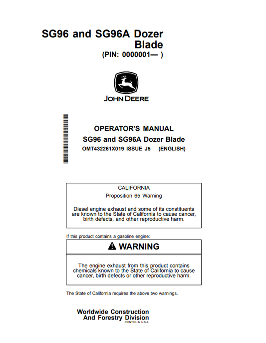 JOHN DEERE SG96 AND SG96A DOZER BLADE OPERATOR MANUAL OMT432261X019